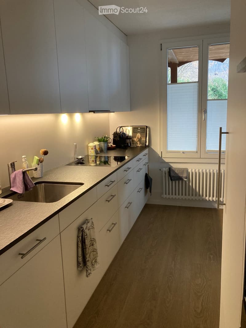 Modern kitchen with light-colored cabinets, a stainless steel sink, and various small appliances on the counter. Wooden flooring and a radiator are visible.