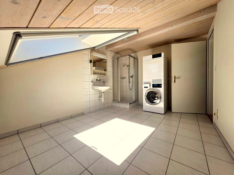Modern bathroom with a sink, shower, and washing machine. Features tiled walls and floor, wooden ceiling, and a skylight window.