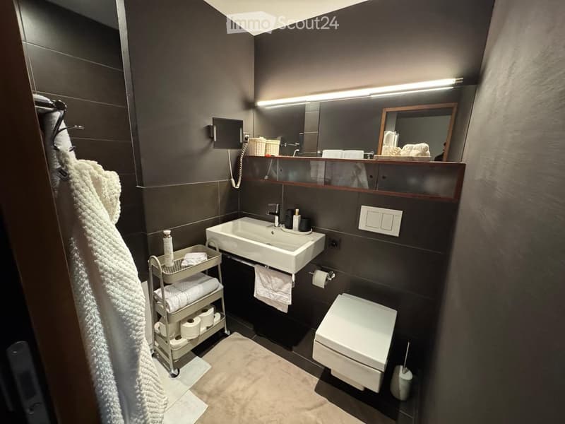 Modern bathroom with dark grey tiles, white sink, toilet, large mirror, and a towel rack with neatly folded towels. A plush bathrobe hangs on the wall, and a small cart holds additional towels and toiletries.