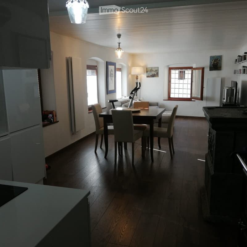 A well-lit living and dining area with wooden flooring, a sofa, a dining table with chairs, a lamp, a refrigerator, and a TV screen on a stand.