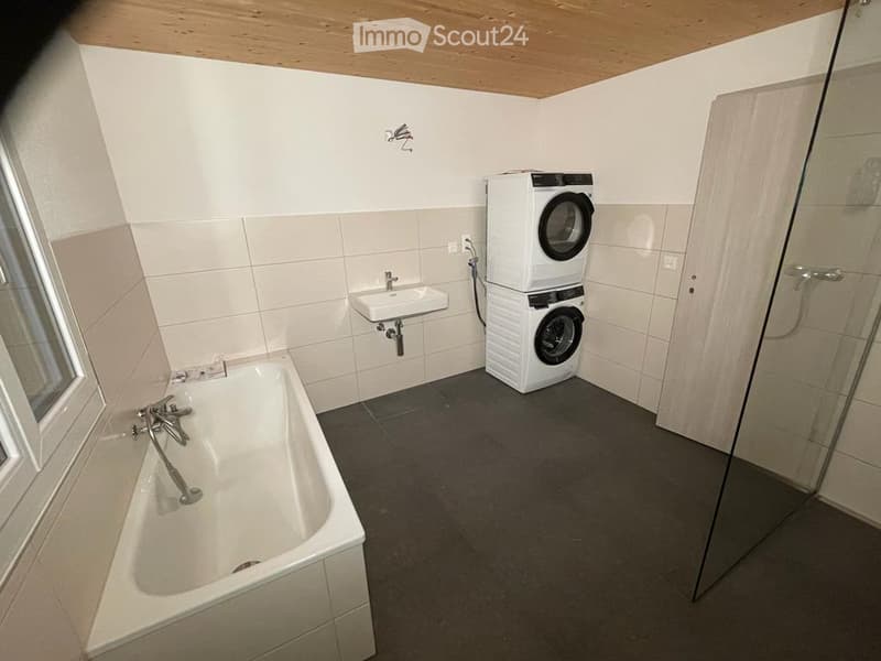 Modern bathroom with a bathtub, sink, and stacked washing machine/dryer unit. Features tiled walls, a glass shower enclosure, and a wooden ceiling.