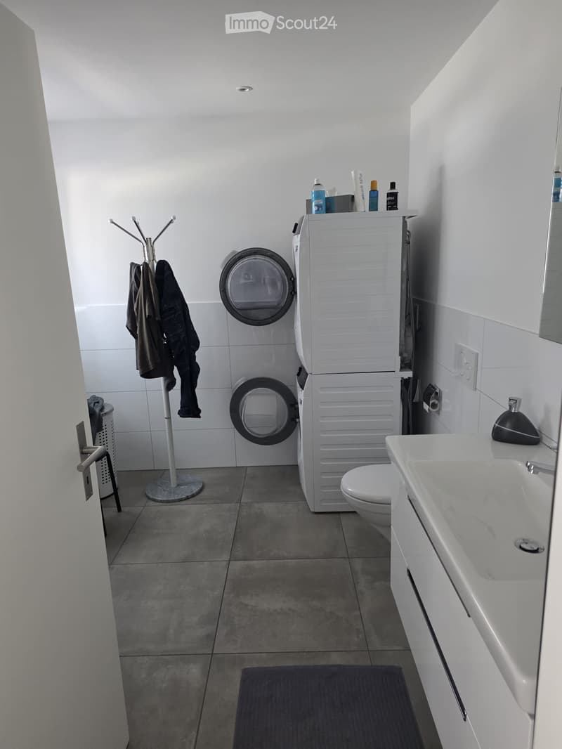 Modern bathroom with a white sink, toilet, washing machine, coat rack, and a small shelf with toiletries.