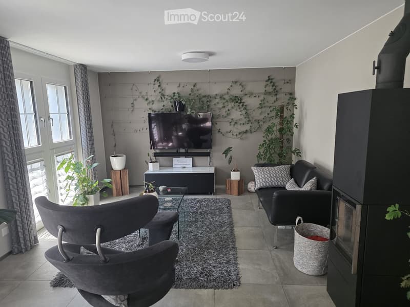 Modern living room with a grey sofa, armchair, coffee table, television, fireplace, and potted plants.