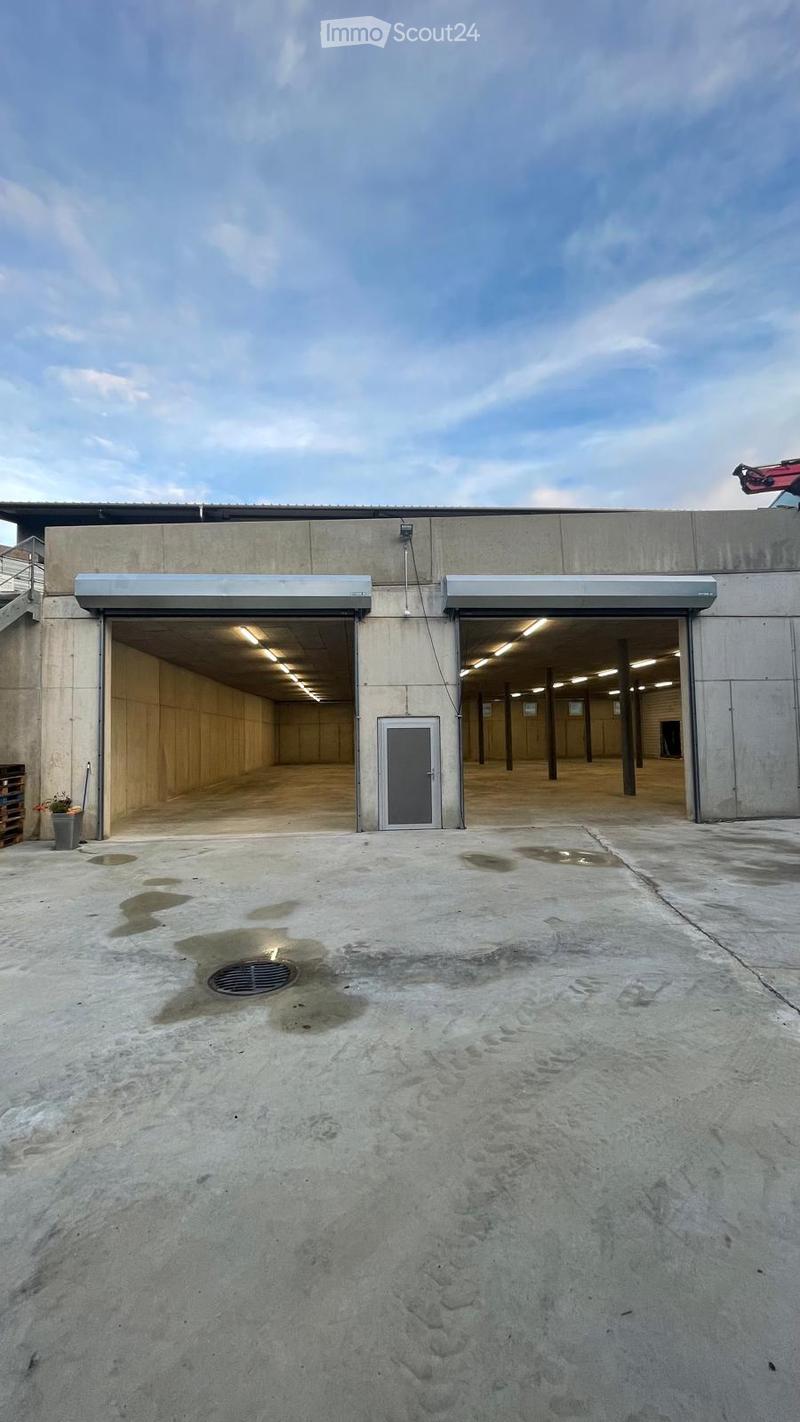 A large industrial-style building with two open garage doors, concrete floors, and a raised ground floor. The area includes a small potted plant and a metal drain cover.