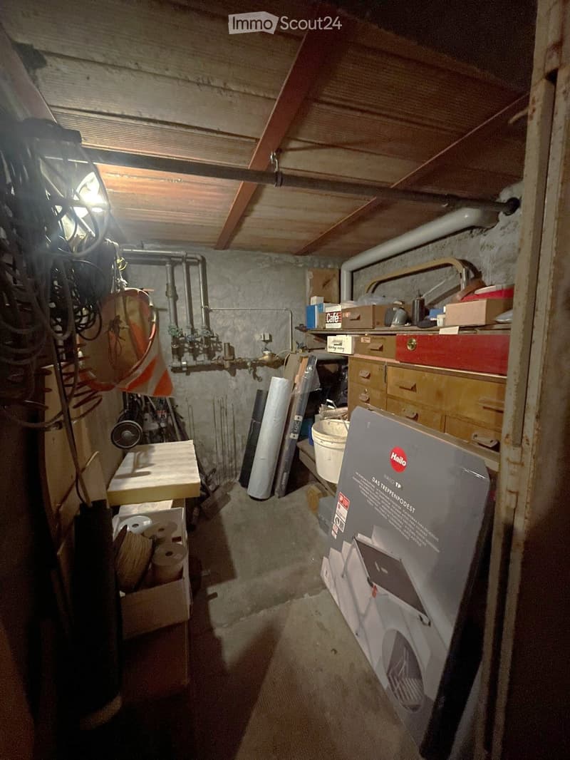 Basement room with storage boxes, buckets, pipes, and tools