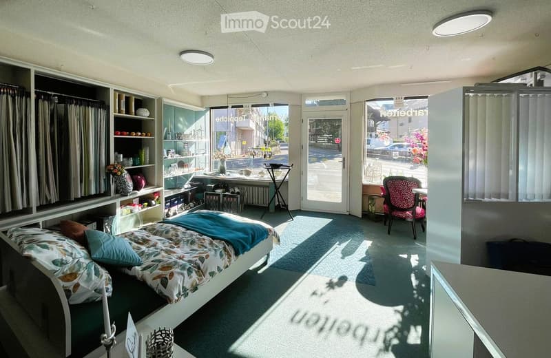 A bedroom with a bed, shelves, a desk, a chair, and a radiator. The room has a carpet, a window, and a door. The room is well-lit with ceiling lights.