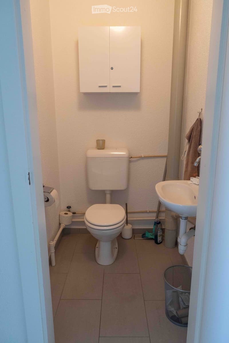 Compact bathroom with a toilet, sink, and overhead cabinet. Includes a cup on the toilet tank, a towel hanging on the wall, and a trash bin on the floor.