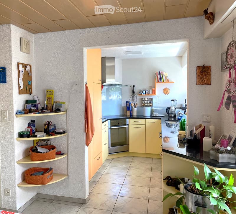 Compact kitchen with light-colored cabinets, a microwave, blender, and various appliances. Shelves hold items, and a small plant adds a touch of greenery.