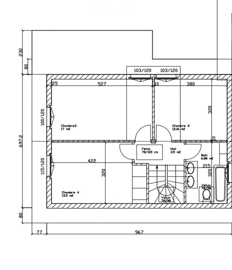 Floor plan of a house with four bedrooms, a hall, a bathroom, and a living area. Dimensions and room labels are provided.