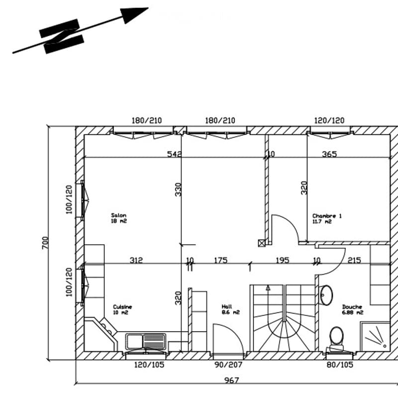 Floor plan of a 3-room apartment with a living room, kitchen, bedroom, and bathroom. Dimensions and room labels are provided.