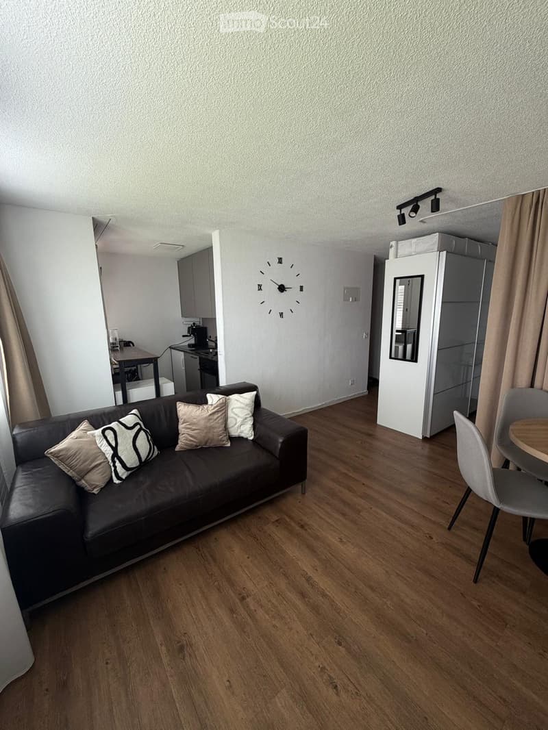 A modern, open-concept living and dining area with a dark leather sofa, wooden dining table, and kitchen area visible in the background.