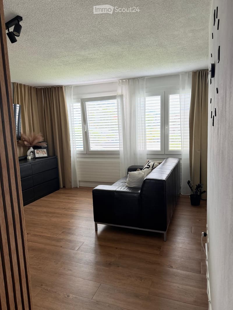 Modern living room with wooden flooring, large windows with blinds, a black leather sofa with cushions, a sideboard with a picture frame and vase, and a small potted plant near the window.