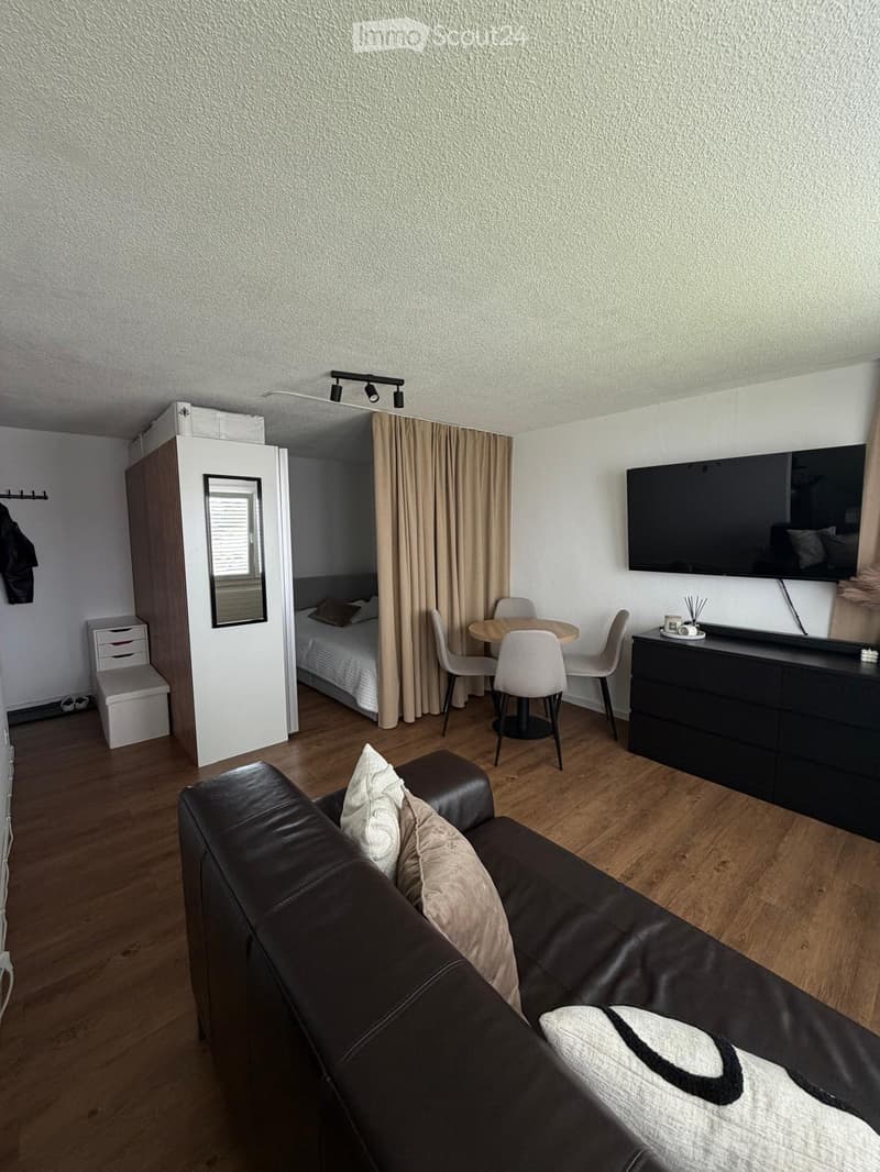 A modern, compact living space with a dark leather sofa, a small dining area with a round table and chairs, a bed with white bedding, and a flat-screen TV mounted on the wall. The room features wooden flooring, built-in storage, and a curtain separating t