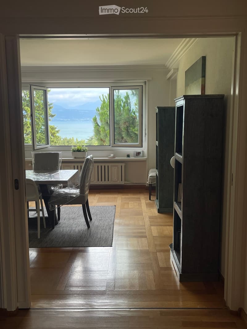 Dining room with wooden flooring, large windows offering a scenic view, a dining table with chairs, a cabinet, and a small plant on the windowsill.