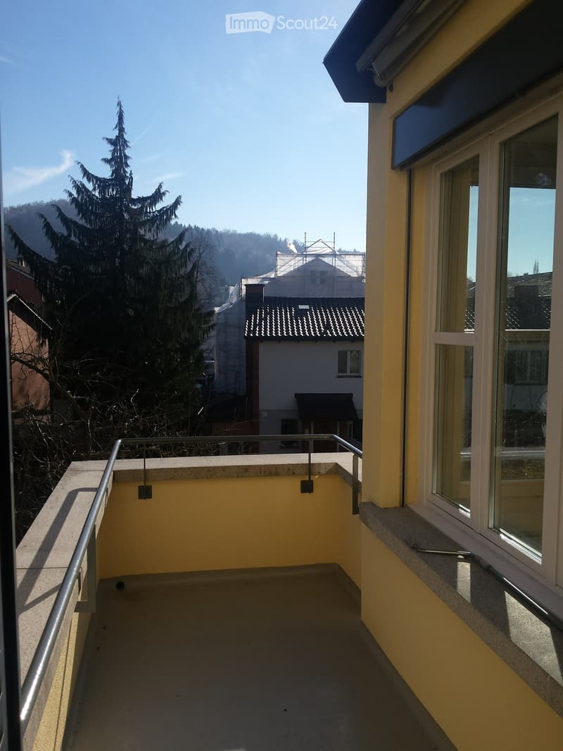 Balcony with metal railing, overlooking a residential area with trees and buildings.