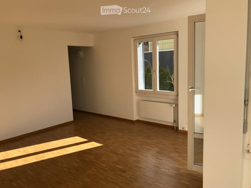 Empty room with wooden flooring, white walls, a window with double glass panes, a radiator, and a door leading to another space.