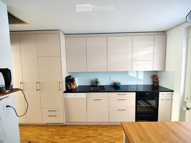 Modern kitchen with white cabinets, black countertops, and wooden flooring. Features a dishwasher, oven, sink, and various small appliances and utensils.