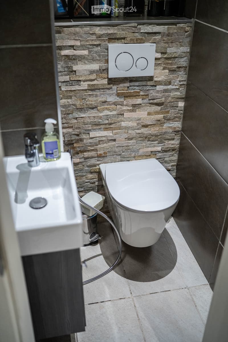 Modern bathroom with a stone-tiled accent wall, a white toilet, a white sink with a chrome faucet, and a soap dispenser on the counter.