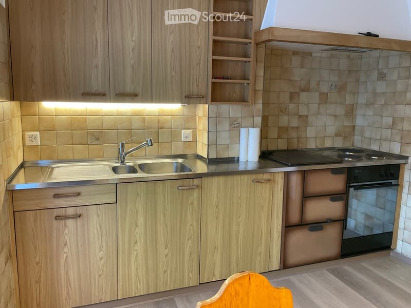 Modern kitchen with light wooden cabinets, stainless steel sink, electric stove, and built-in oven. The countertop features a paper towel roll and a faucet with a sprayer.