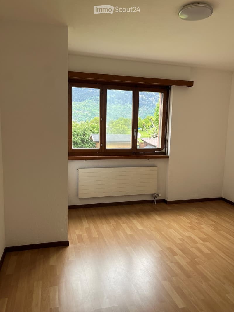 Empty room with wooden flooring, white walls, large window with scenic mountain view, radiator, and ceiling light fixture.