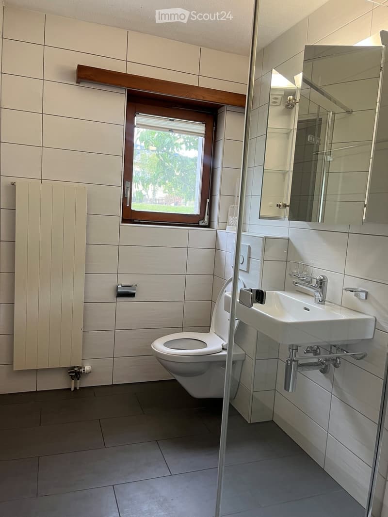 Modern bathroom with white tiles, a toilet, a sink with a chrome faucet, a large mirror, and a radiator. The window offers a view of greenery outside.