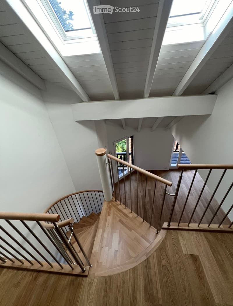 Spiral staircase with wooden steps and metal railing, leading to a bright, open area with skylights and white walls.