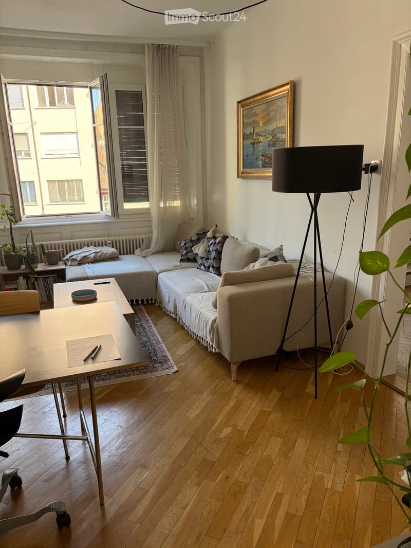 Living room with light wooden flooring, a sofa with pillows, a coffee table, a floor lamp, a small table with a plant, and a picture frame on the wall.