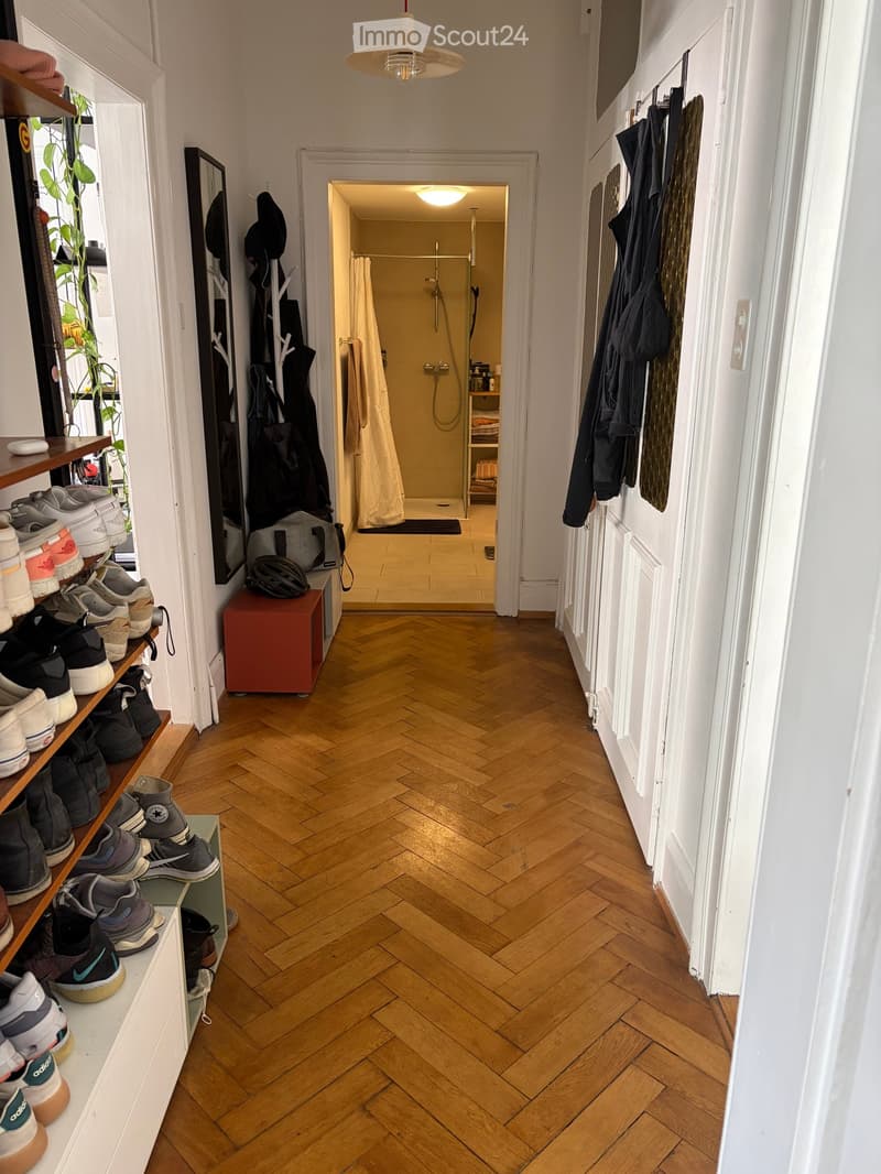 Hallway with herringbone wooden flooring, coat rack, shoe shelf, and an open doorway leading to a shower area.