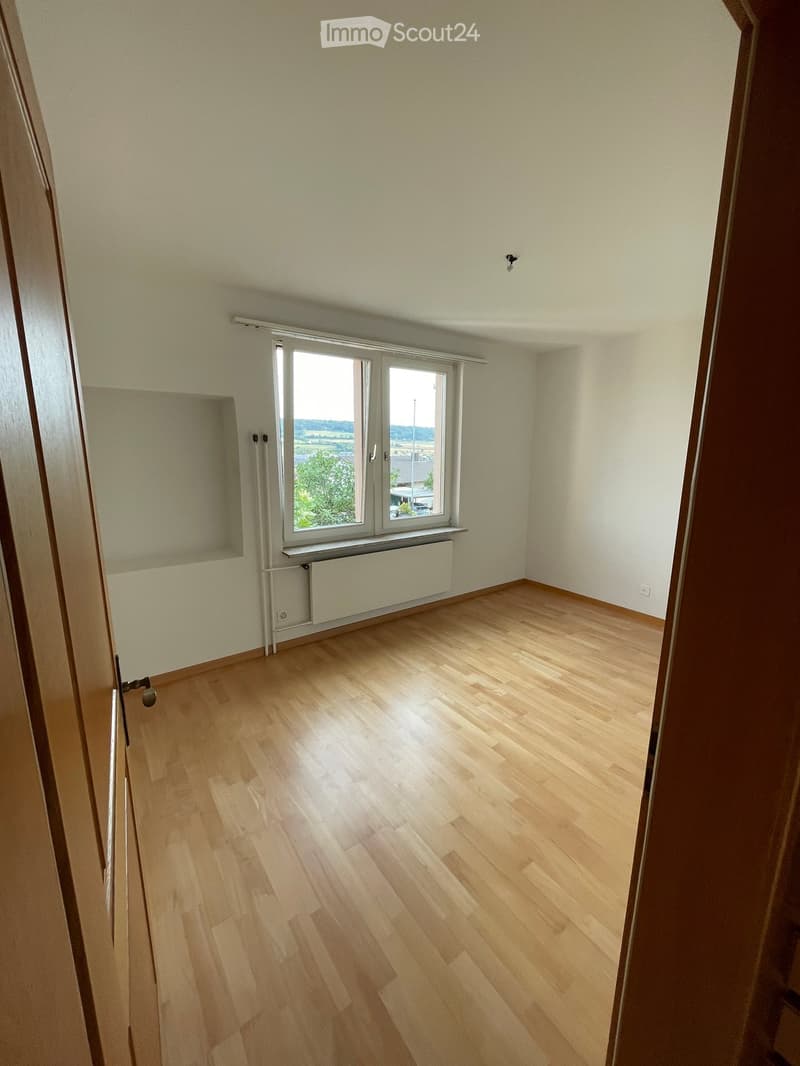 Empty room with light wooden flooring, white walls, and a large window with a view of greenery outside.