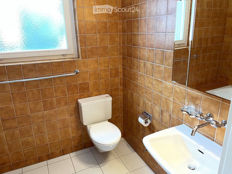 Bathroom with brown tiled walls and white floor tiles, featuring a toilet, sink, mirror, towel rack, and two cups on the sink.