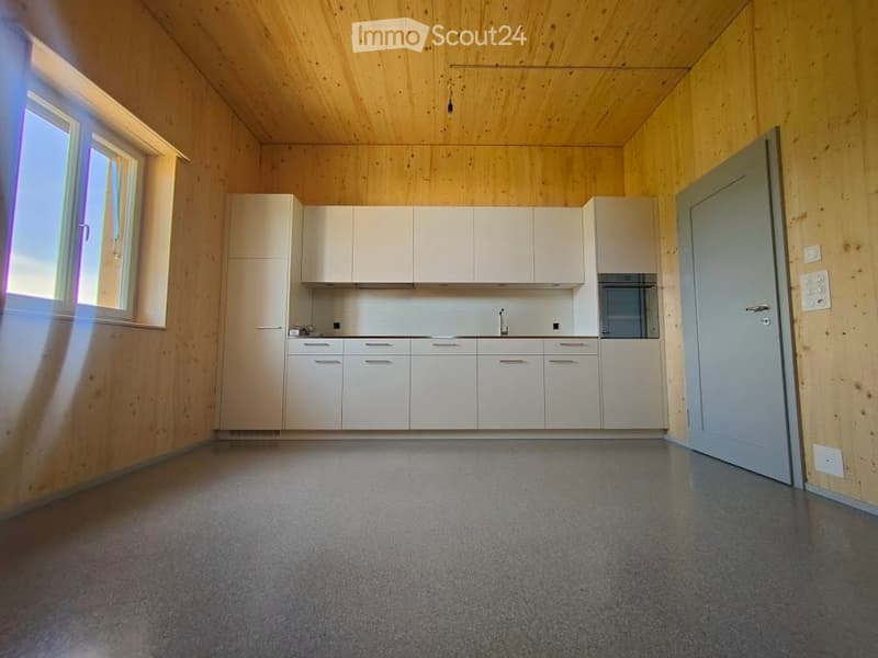 Modern kitchen with light-colored cabinets, a sink, and a faucet, featuring wooden walls and ceiling.