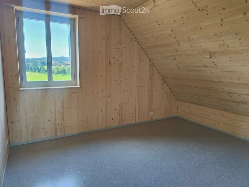 Empty attic room with wooden walls, carpeted floor, and a single window offering a view of the landscape.