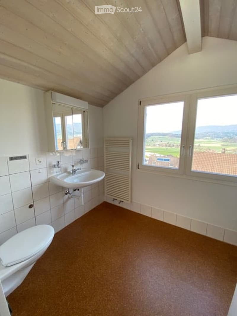 Bright bathroom with white tiled walls, a sink with a mirror, a radiator, and a toilet. Large windows offer a scenic view of the countryside.