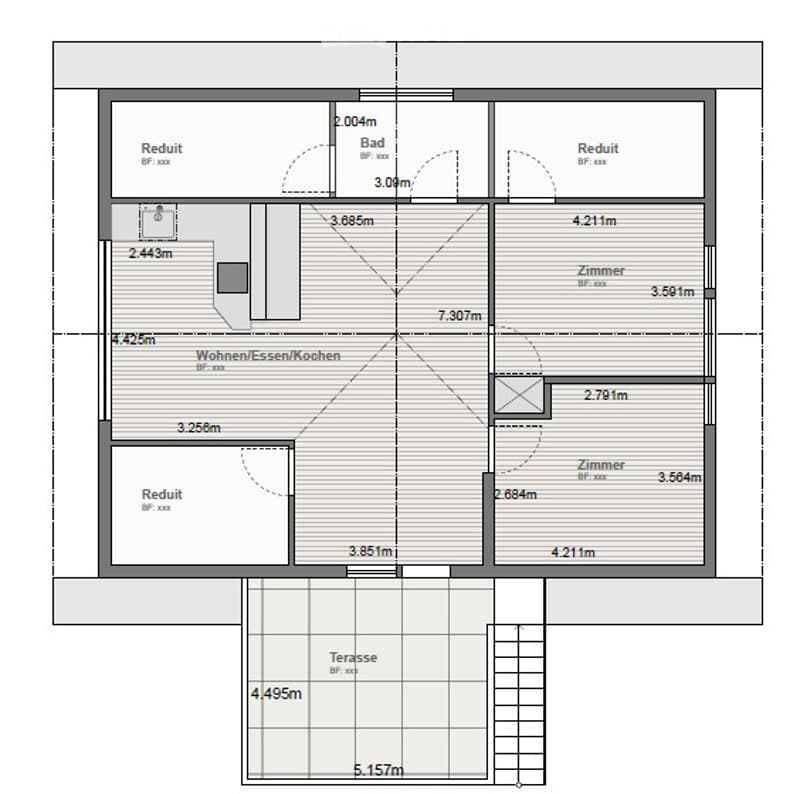 Floor plan of a house with multiple rooms including living spaces, bedrooms, bathrooms, and a terrace.