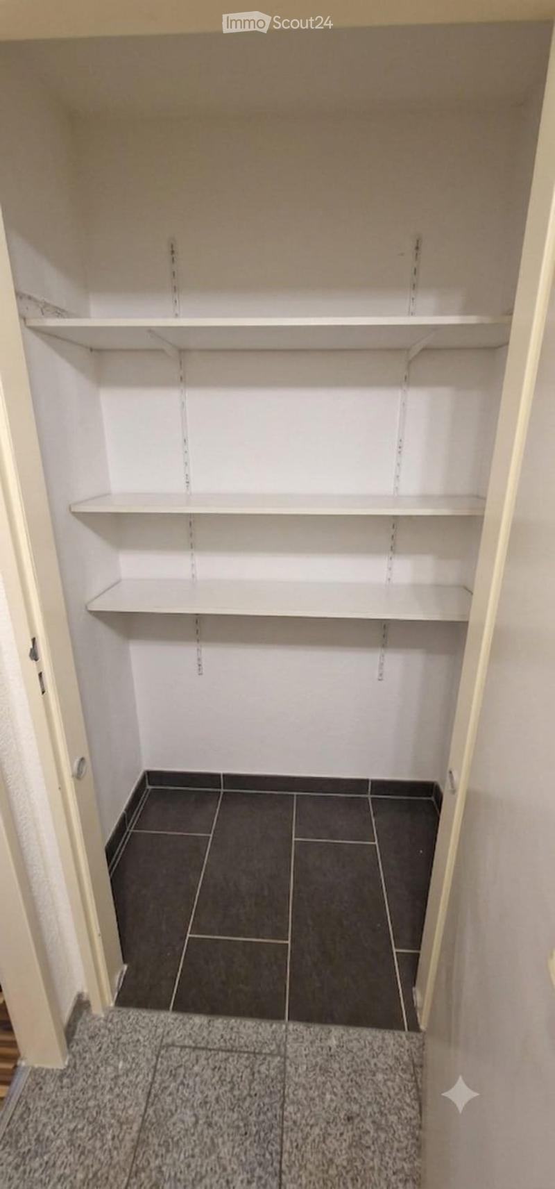 Empty closet with white shelves and dark tiled floor, adjacent to a carpeted area.