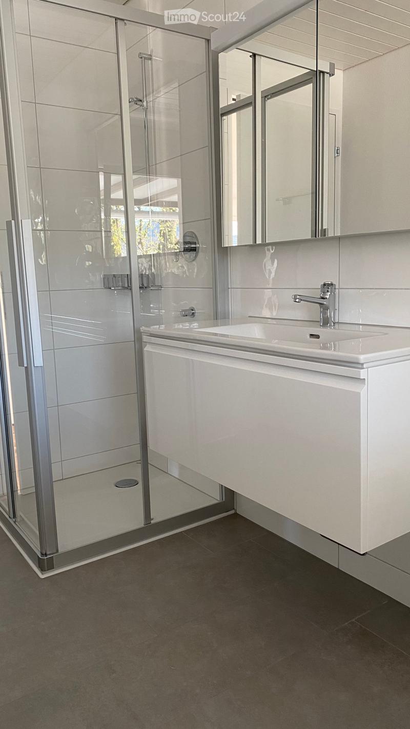 Modern bathroom with a white sink, chrome faucet, large mirror, and a glass shower enclosure with silver frame.