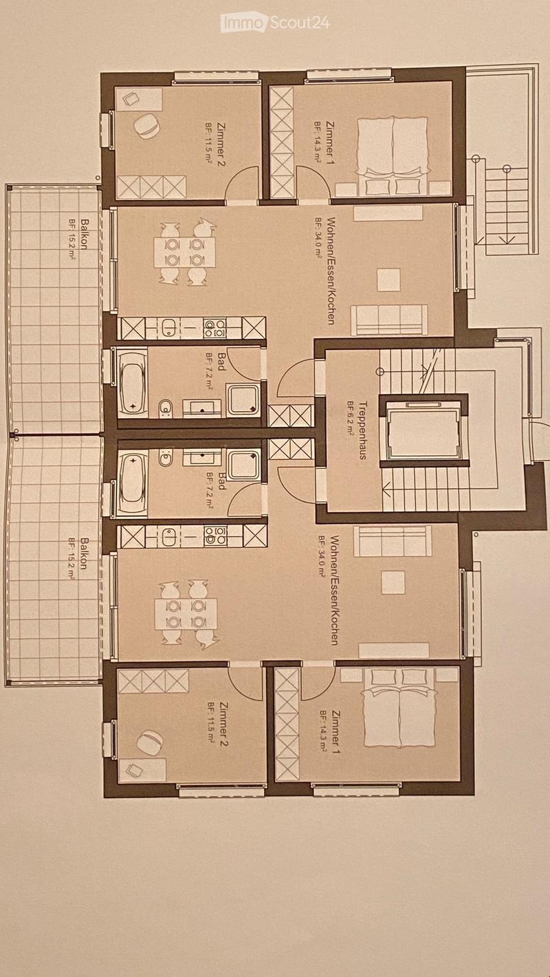 Floor plan of a multi-level residential building with two apartments, each featuring living/dining/kitchen areas, bedrooms, bathrooms, and balconies.