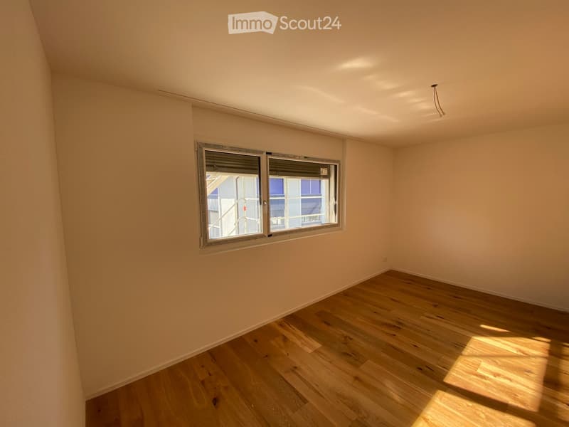 Empty room with light wooden flooring and white walls, featuring a large window with blinds and a small light fixture on the ceiling.