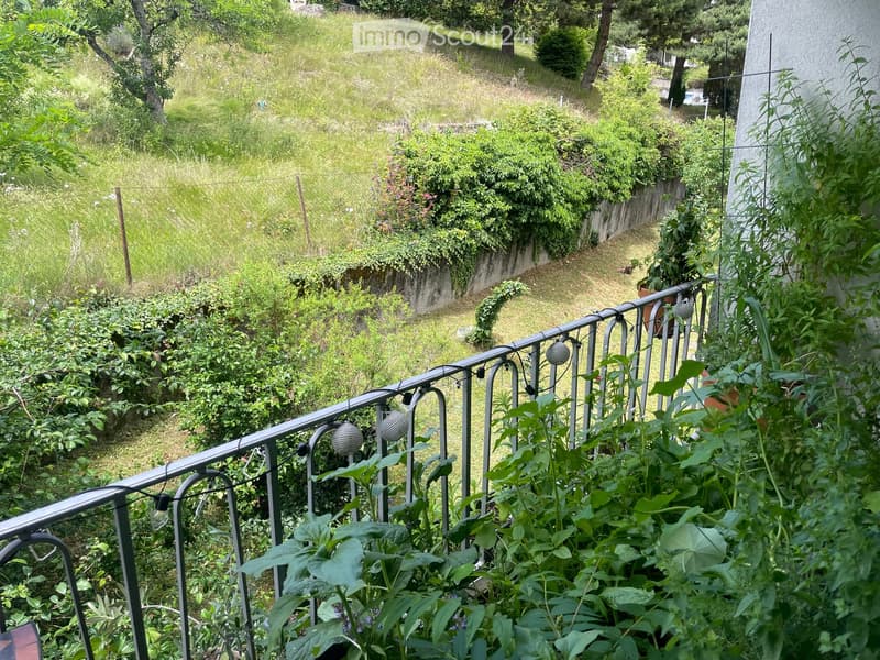 Balcony with metal railing, decorated with hanging lights and potted plants, overlooking a grassy hillside with trees and shrubs.