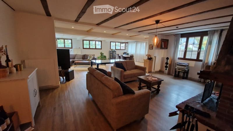 wooden floor, fireplace, sofa, coffee table, TV, speakers, radiator, wooden cabinet, dining table, chairs, couch, side table, potted plant, picture frame, window, curtains