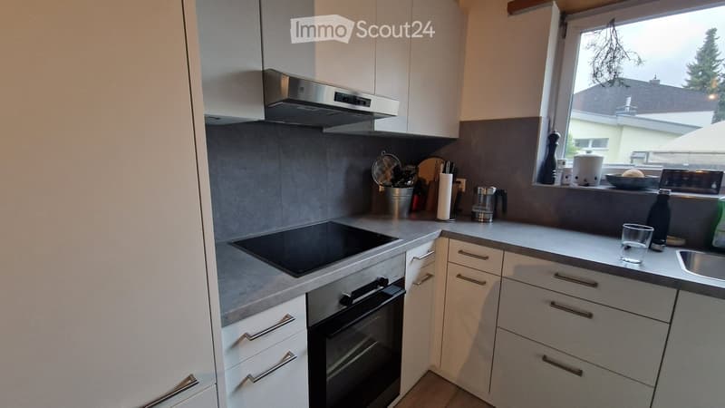 modern kitchen with white cabinets, gray countertops, induction stove, oven, dishwasher, sink, and a window