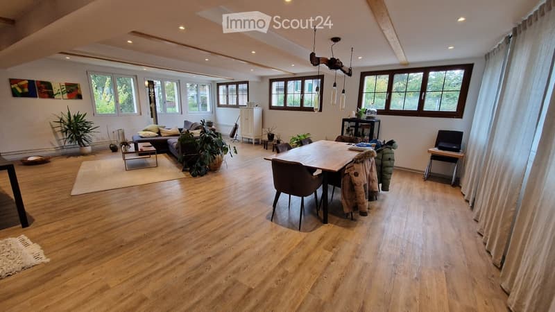 open space with living room and dining area, wooden floor, large windows, plants, dining table, chairs, couch, side table, cabinet, shelves, lamps