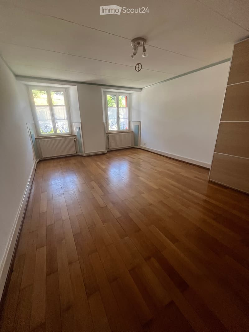 Empty room with wooden flooring, white walls, and two windows with radiators beneath them.