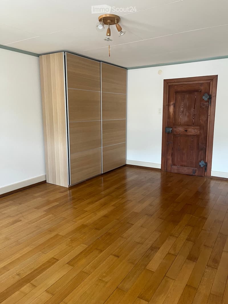 Empty room with wooden flooring, white walls, a wooden door, and a built-in wardrobe with mirrored doors.