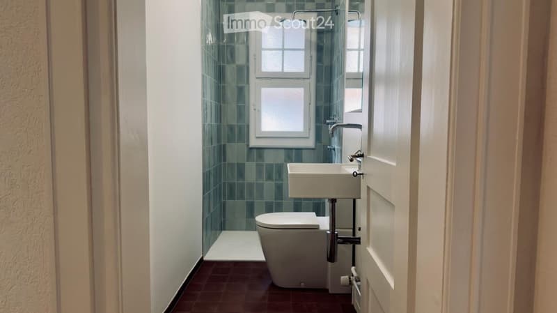Modern bathroom with a white sink, toilet, and a window with frosted glass panes. The walls are tiled in green, and the floor is covered with dark red tiles.