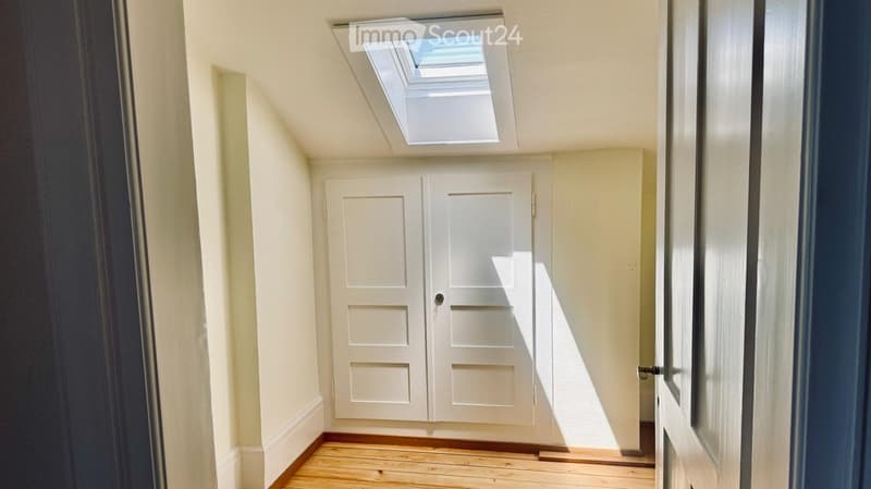 A narrow hallway with wooden flooring, white walls, and a skylight above a double door.