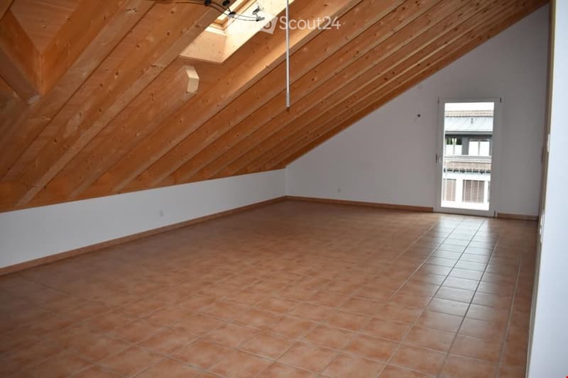 empty room, wooden ceiling, tiled floor, glass door, skylight