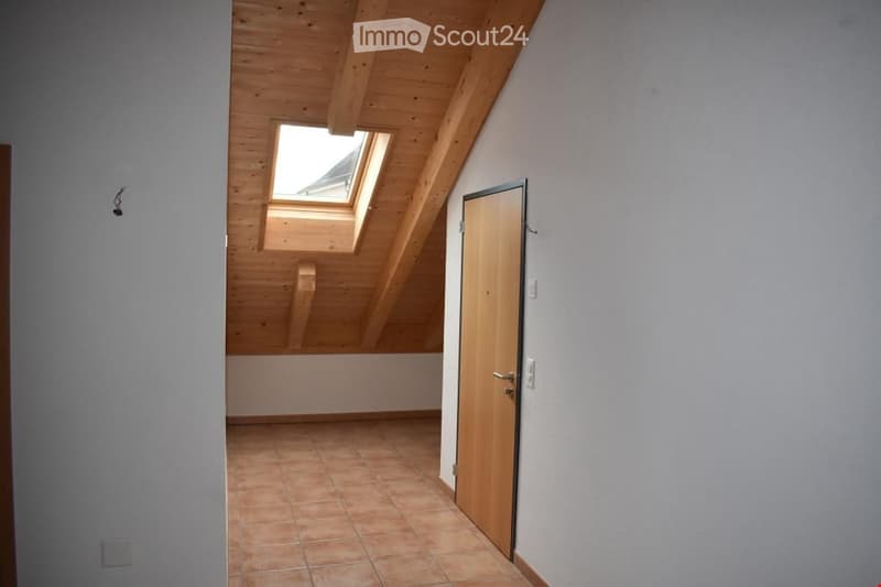 empty room, wooden ceiling, tiled floor, door, power outlet, skylight