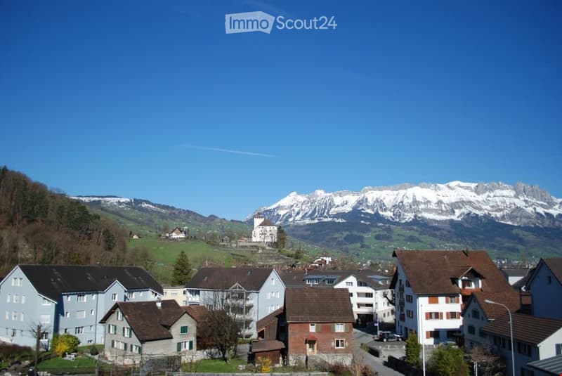 Mountain village with houses, snow-capped mountains, green hills, clear blue sky