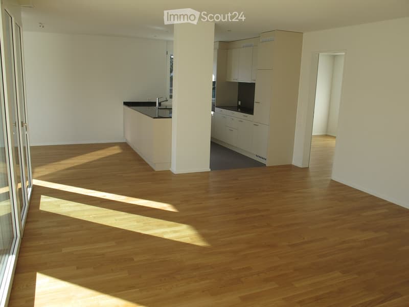 open plan kitchen and living room, hardwood floors, white walls, island with sink and faucet, glass sliding doors